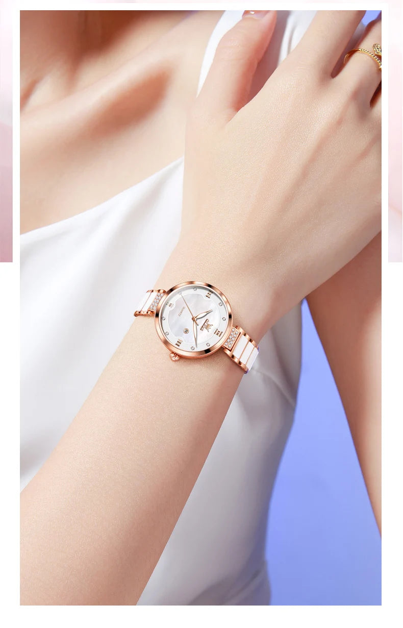 OLEVS Reloj de Cerámica y Acero para Mujer - Elegante Set con Pulsera