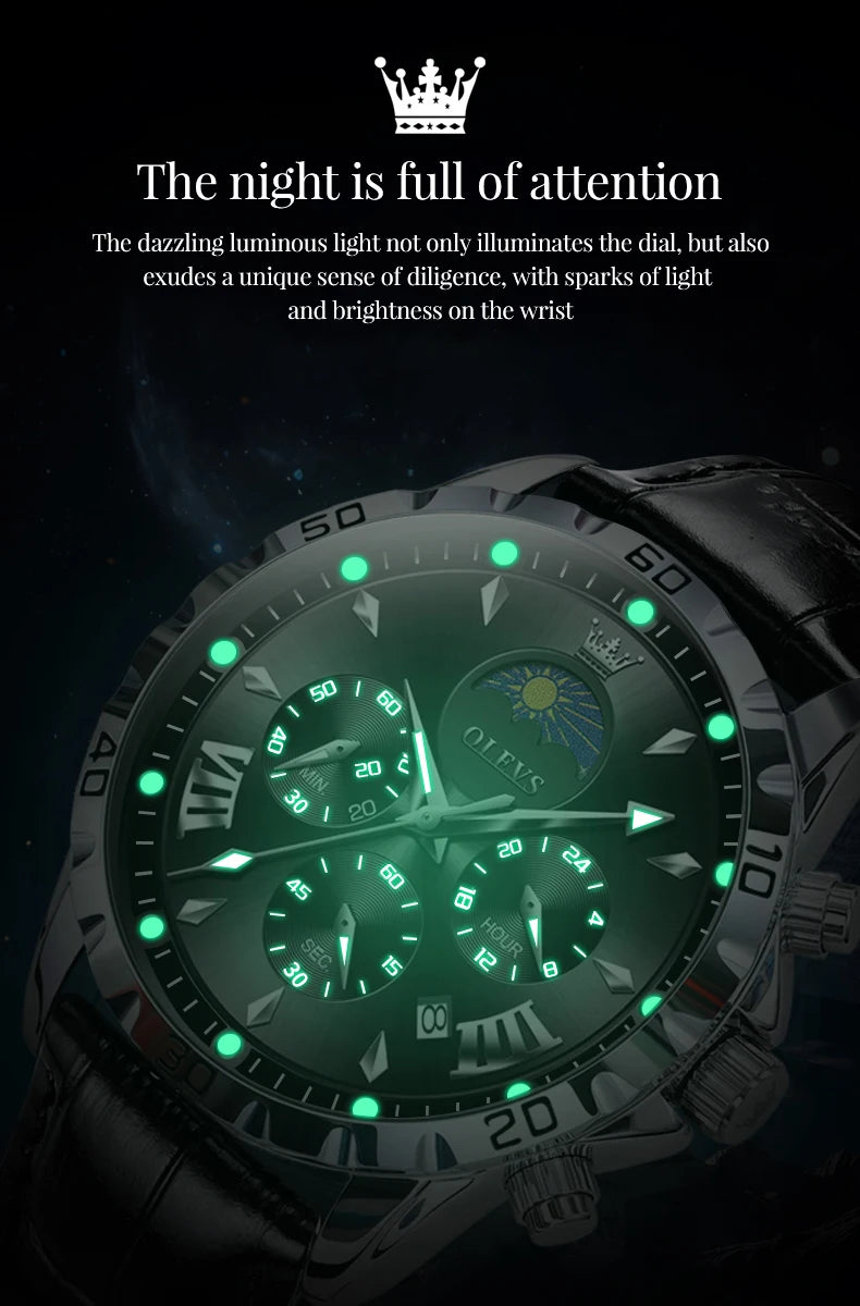 OLEVS Reloj Hombre - Multifuncional Fase Lunar  Cuero Impermeable