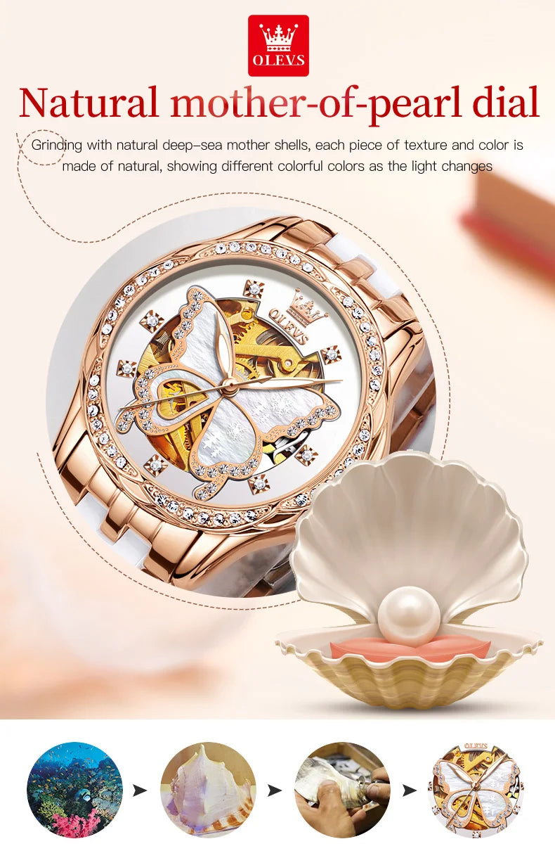 Reloj Mujer Lujo Mariposa y Diamante - Pulsera Oro Rosa OLEVS